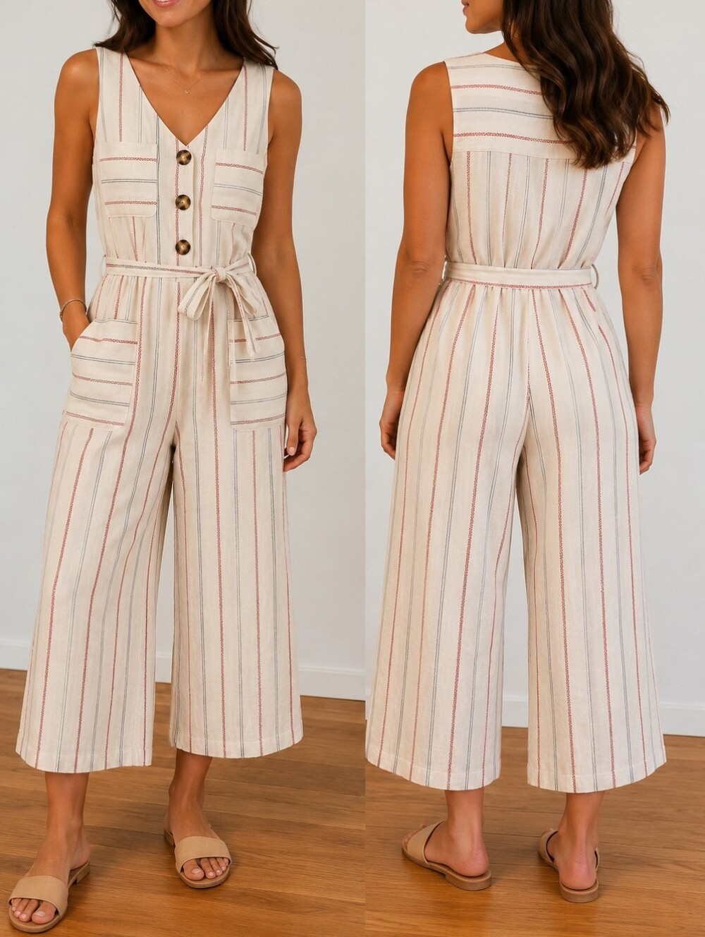 Monteau Cream Striped Sleeveless Button-Front Jumpsuit